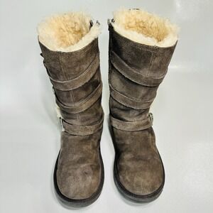 UGG Maddi Talk Charcoal Gray Kids Girls Buckle Suede Shearling Boots Zip Up Sz 2